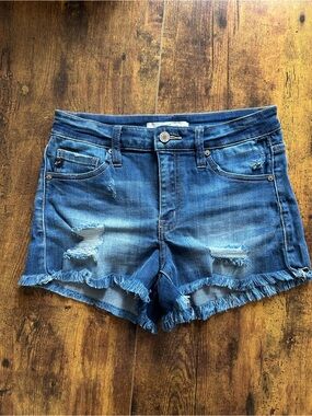 KanCan Frayed Hem Distressed Blue Denim Shorts - Women's